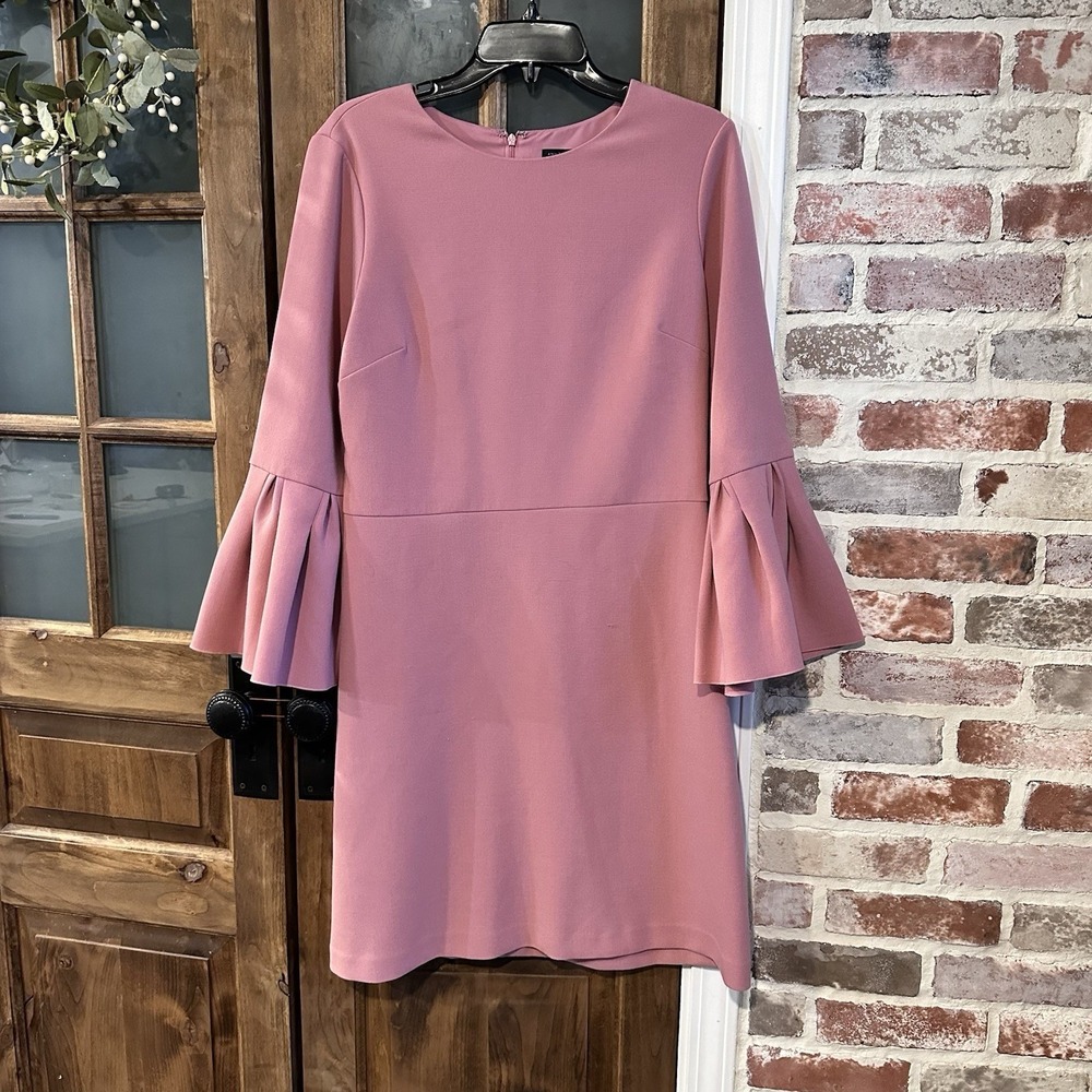 Ann Taylor Bell Sleeve Shift Dress Womens 8 Tall Pink Pleated Textured Crepe